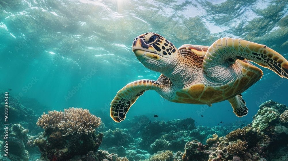 Obraz premium Sea Turtle Swimming in a Tropical Reef