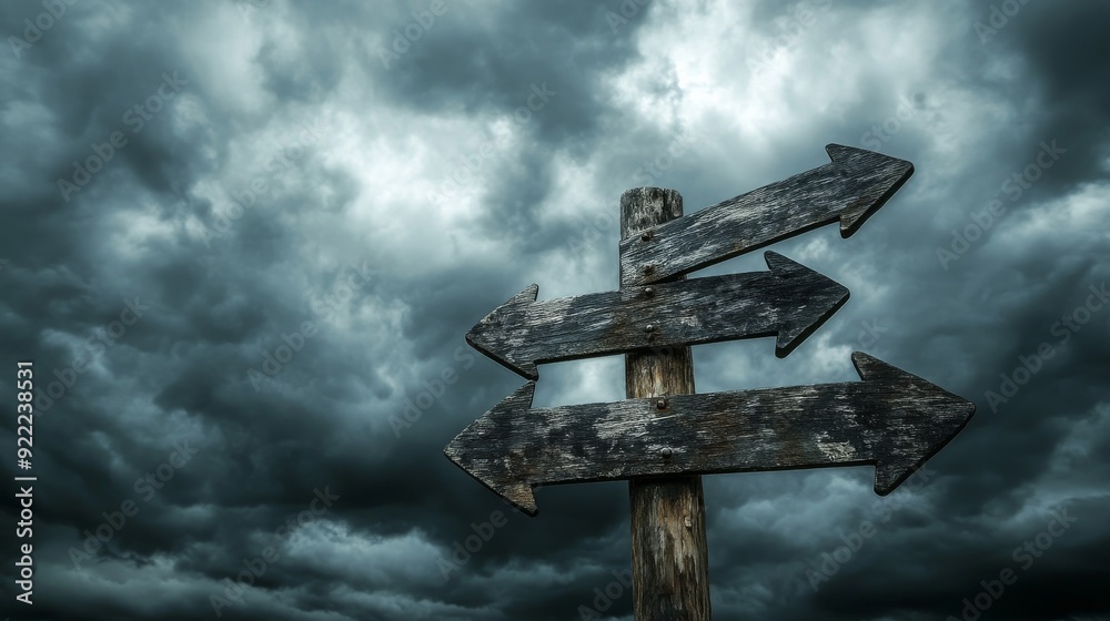 Old wooden signpost pointing different directions under stormy sky Old wooden signpost pointing different directions under stormy sky