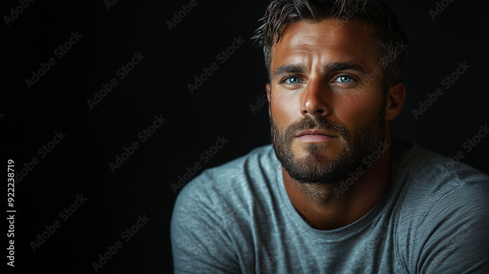 A confident male model with a beard and short hair, wearing a simple grey shirt and trousers, standing on a black background with warm studio lighting A confident male model with a beard and short hair, wearing a simple grey shirt and trousers, standing on a black background with warm studio lighting
