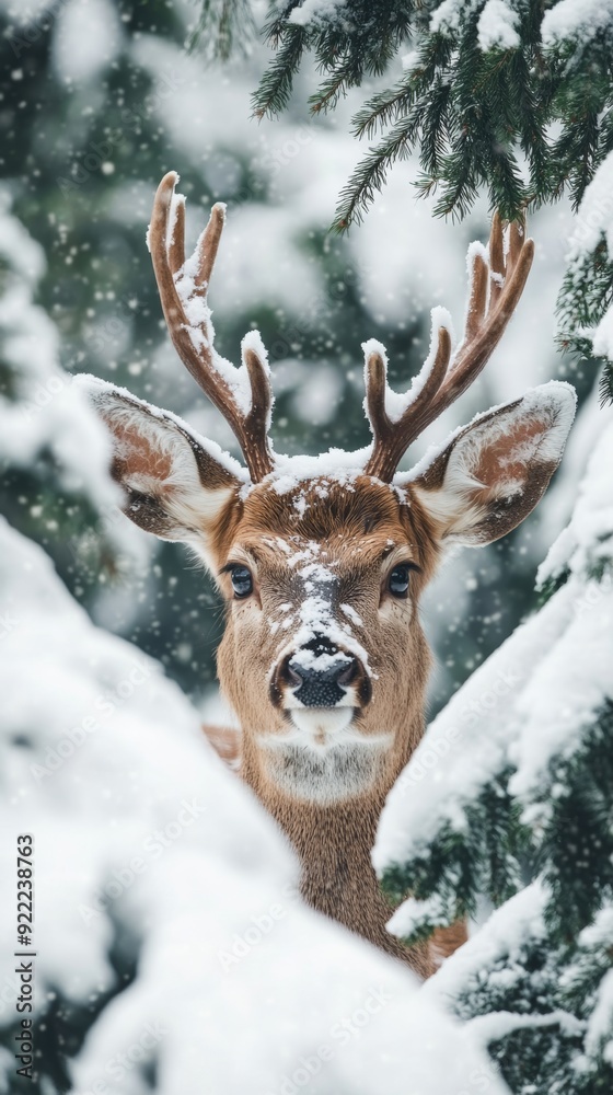 Young male deer looking out from snowy forest Young male deer looking out from snowy forest