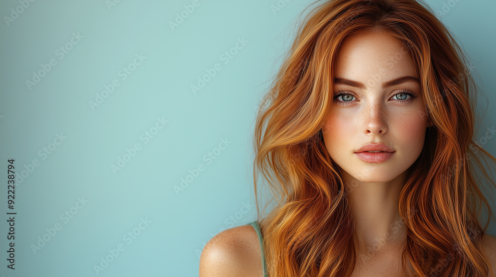 A beautiful female model with long, wavy auburn hair, wearing a sleek green dress, posing on a light blue background