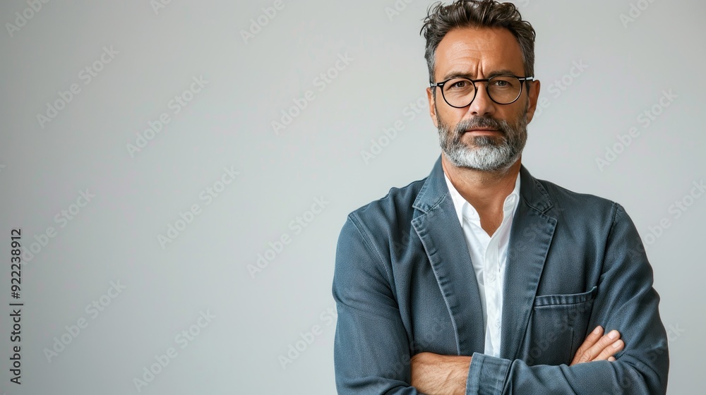 Businessman standing confidently, arms crossed, white background. Businessman standing confidently, arms crossed, white background.