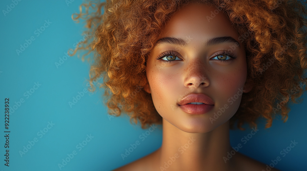 A poised female model with short, curly blonde hair, wearing a minimalist green dress, standing on a royal blue background with soft, even lighting A poised female model with short, curly blonde hair, wearing a minimalist green dress, standing on a royal blue background with soft, even lighting