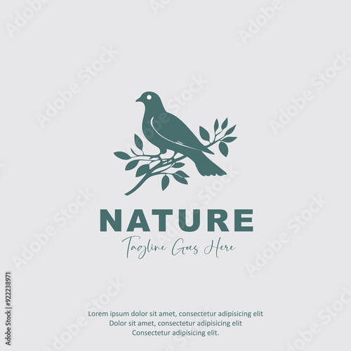 Classic Silhouette of Pigeon Dove Bird on Tree Branch for Nature Wildlife Vintage Label logo design