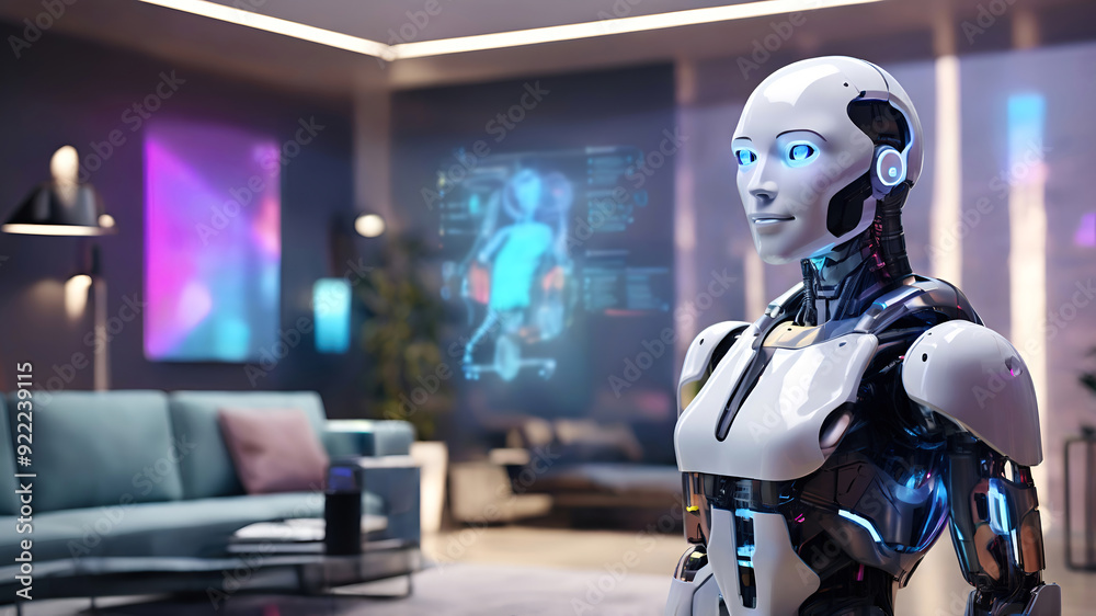 Fototapeta premium Futuristic Smart Home AI assistant robot, sleek and humanoid, standing in a modern living room, projecting a holographic to-do list. Smart living space concept