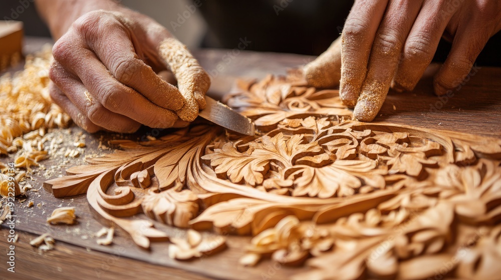 © sarun - A close-up of a master craftsman hands carefully carving intricate patterns into a block of wood, with wood shavings scattered around the workbench.