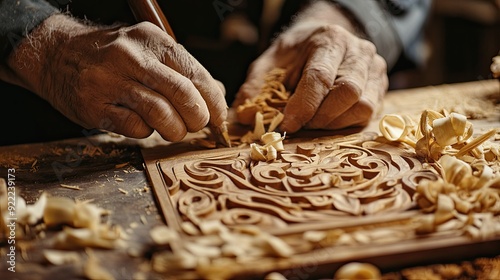 A close-up of a master craftsman hands carefully carving intricate patterns into a block of wood, with wood shavings scattered around the workbench. photo