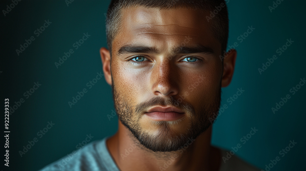 A bold male model with a buzz cut and stubble, wearing a casual grey t-shirt, posing confidently on a dark green background with soft, diffused lighting A bold male model with a buzz cut and stubble, wearing a casual grey t-shirt, posing confidently on a dark green background with soft, diffused lighting