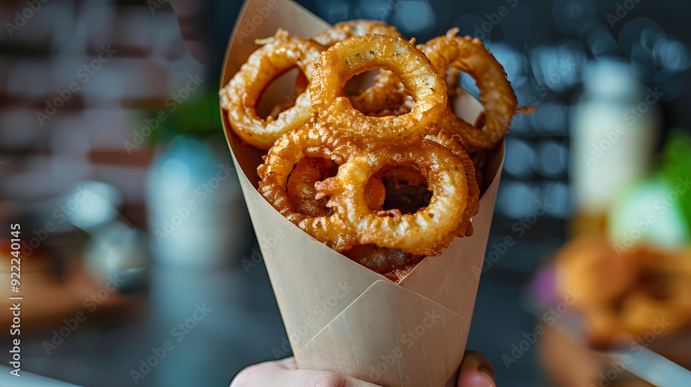 hand holding a paper cone filled with freshly fried onion rings hand holding a paper cone filled with freshly fried onion rings