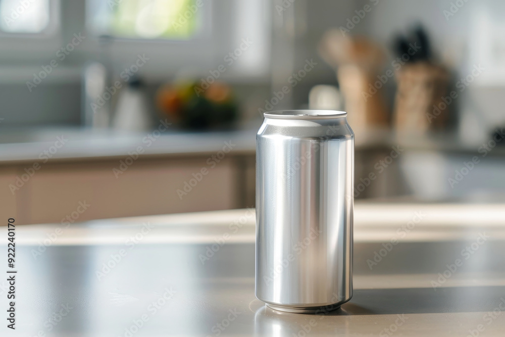 Blank silver can on a countertop in a modern kitchen, product photography mock-up Blank silver can on a countertop in a modern kitchen, product photography mock-up