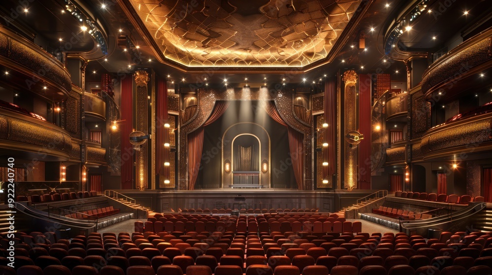 Obraz premium Luxurious auditorium with black leather chairs, bright lighting, sophisticated design, high-end finishes, elegant decor.