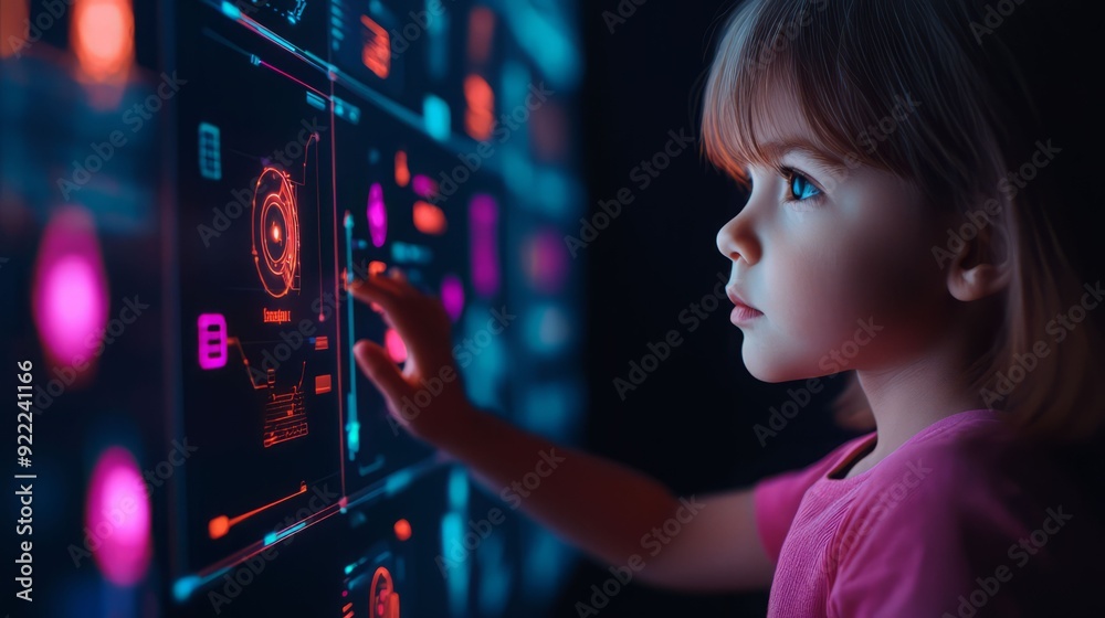 A curious child interacting with a futuristic digital interface, exploring technology and innovation in a vibrant setting. A curious child interacting with a futuristic digital interface, exploring technology and innovation in a vibrant setting.