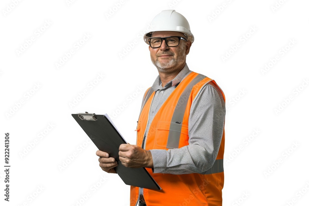 An elder engineer wears an orange vest and white helmet, holding a clipboard and smiling, representing satisfaction and the completion of successful engineering projects.