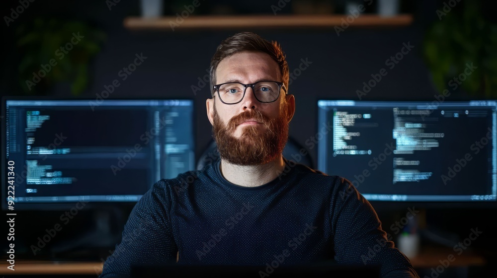 A focused programmer with glasses stands before dual monitors, coding in a modern workspace with a dark ambiance. A focused programmer with glasses stands before dual monitors, coding in a modern workspace with a dark ambiance.