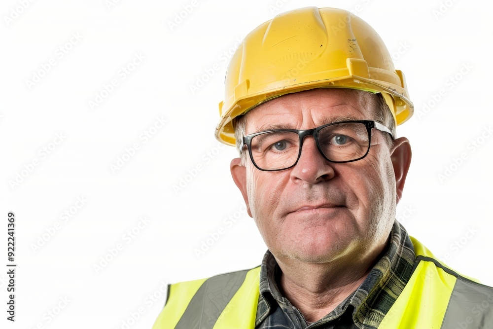 An engineer wears a yellow helmet and safety vest with glasses, exuding determination and attentiveness while standing against a white background. An engineer wears a yellow helmet and safety vest with glasses, exuding determination and attentiveness while standing against a white background.