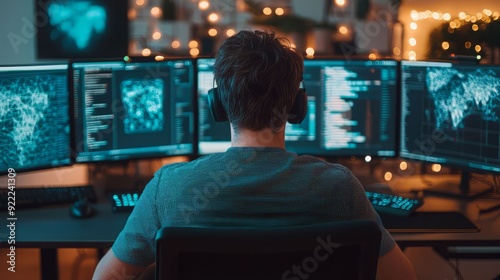 A focused individual works at a multi-monitor setup, analyzing data and coding in a modern tech environment, ideal for digital work.