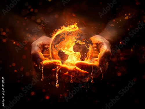 Hands holding a burning earth symbolizing climate change and global warming photo