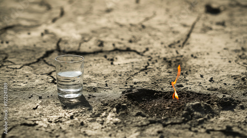 Wallpaper Mural Glass of water next to a small flame in a cracked, arid earth landscape Torontodigital.ca