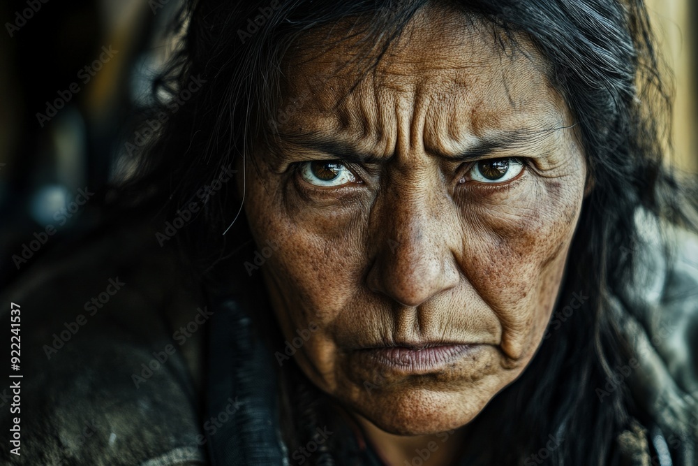 A close-up of a stern woman with dark hair, intense eyes, and a weathered face. The image captures enduring strength and determination in a challenging environment. A close-up of a stern woman with dark hair, intense eyes, and a weathered face. The image captures enduring strength and determination in a challenging environment.