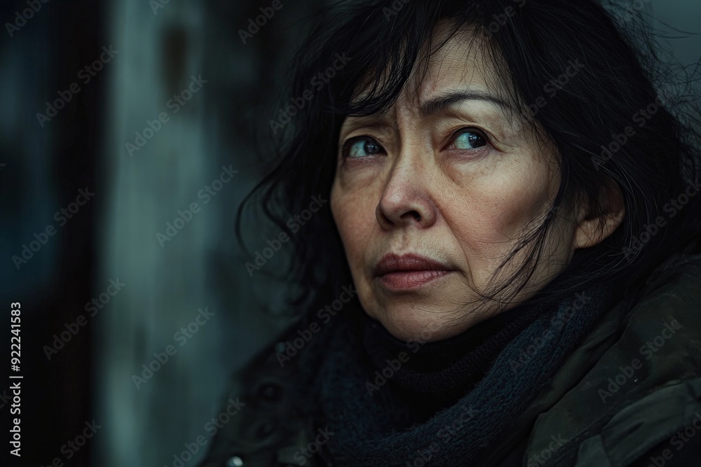 Fototapeta premium A middle-aged woman wearing dark clothing and with dark hair, looking anxious and contemplative, captured in an outdoor setting with a blurred background.