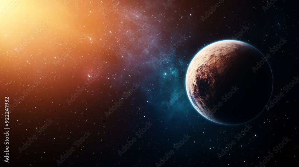 Obraz premium A stunning cosmic scene featuring a distant planet surrounded by swirling nebulae and glowing stars in deep space.