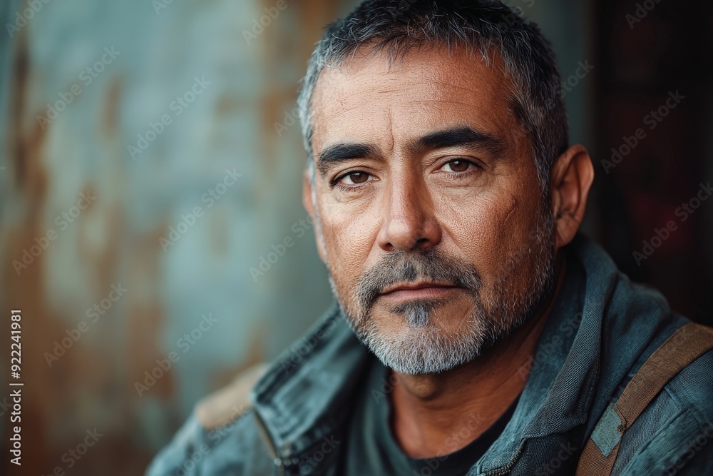 A man with gray hair and stubble, wearing a worn jacket, stares intently into the camera, exuding an aura of resilience and calm determination. A man with gray hair and stubble, wearing a worn jacket, stares intently into the camera, exuding an aura of resilience and calm determination.