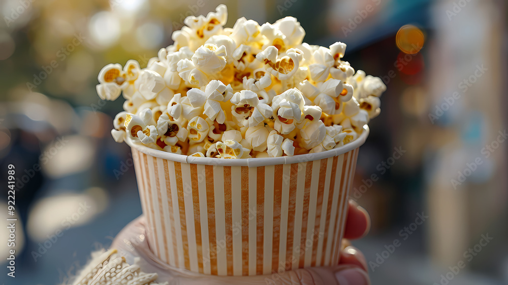 hand holding a paper cup filled with fresh popcorn hand holding a paper cup filled with fresh popcorn