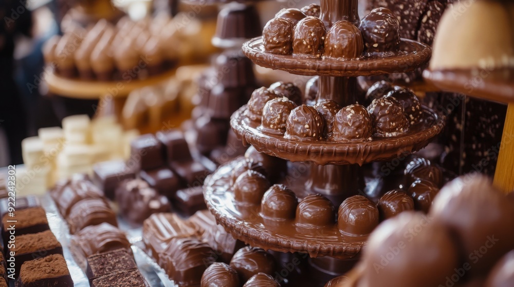 A towering chocolate fountain surrounded by a variety of delicious confections, showcased at a lively market, inviting visitors to indulge in sweet treats. A towering chocolate fountain surrounded by a variety of delicious confections, showcased at a lively market, inviting visitors to indulge in sweet treats.