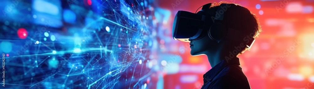 Immersed in Virtual Reality - Silhouette of Person in Digital Environment with Copy Space for Text Immersed in Virtual Reality - Silhouette of Person in Digital Environment with Copy Space for Text