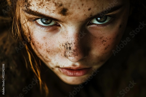 A close-up of a girl's mud-streaked face with a piercing stare into the camera, capturing a raw, powerful image filled with emotion and environmental elements. photo