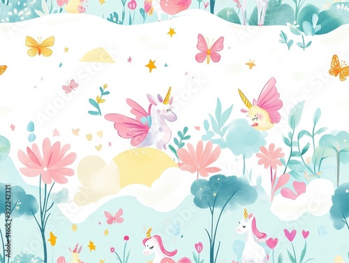 seamless pattern, Kawaii enchanted garden with magical creatures like fairies