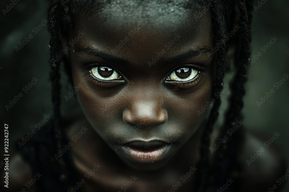 Portrait of a young girl with striking eyes and braided hair, exuding a sense of depth and intensity, highlighted by focused lighting and a dark background. Portrait of a young girl with striking eyes and braided hair, exuding a sense of depth and intensity, highlighted by focused lighting and a dark background.