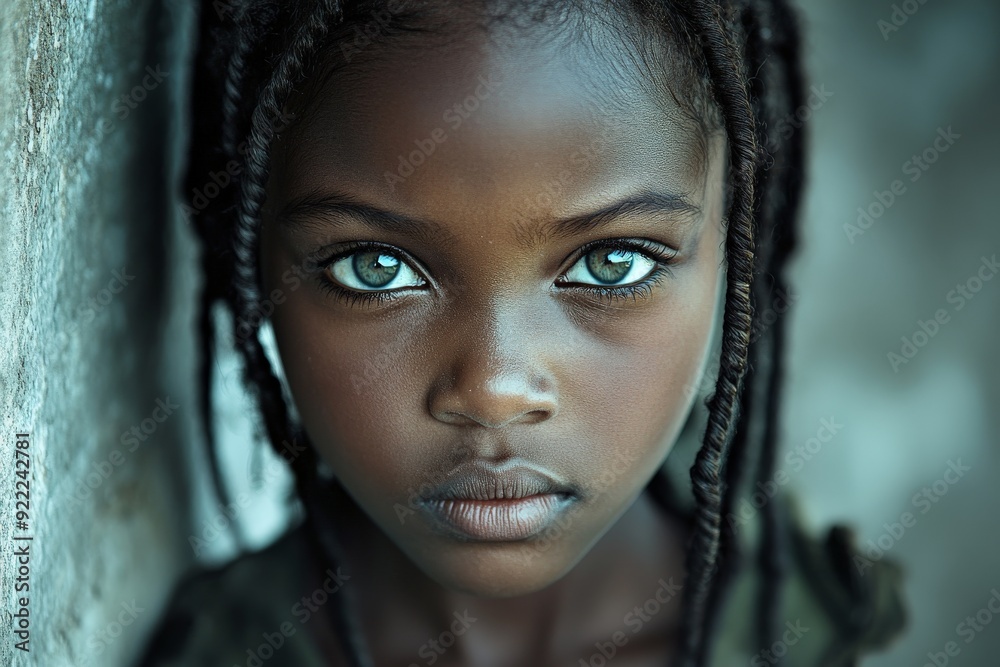 Portrait of a young girl with piercing blue eyes and braids, showcasing intense emotion and quiet strength against a textured wall, with natural lighting. Portrait of a young girl with piercing blue eyes and braids, showcasing intense emotion and quiet strength against a textured wall, with natural lighting.