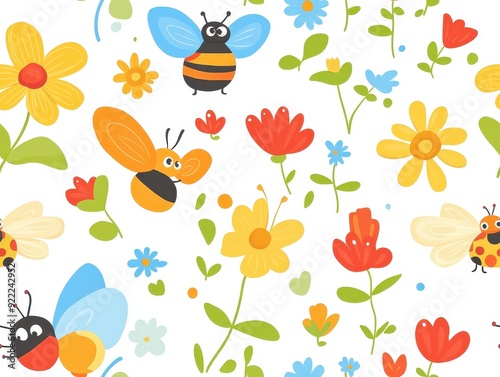 seamless pattern, Cheerful kawaii insects including ladybugs