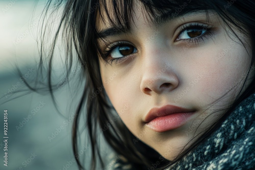 A close-up portrait of a serene and soft-looking young girl with an enchanting gaze, featuring calm and tranquility, emphasizing her innocence and beauty in a natural setting. A close-up portrait of a serene and soft-looking young girl with an enchanting gaze, featuring calm and tranquility, emphasizing her innocence and beauty in a natural setting.