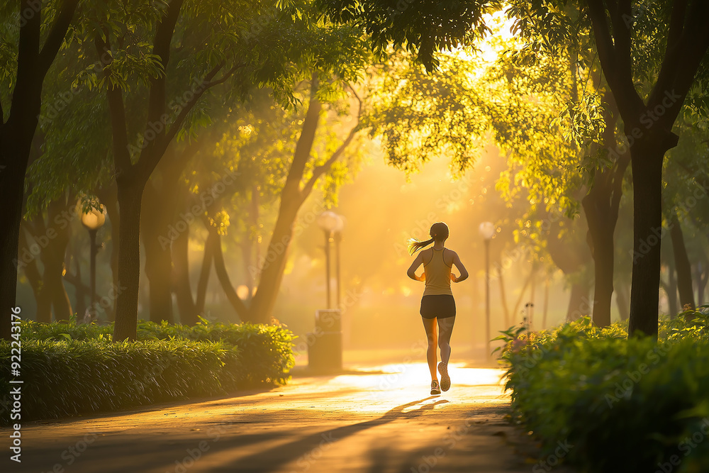 A person jogging through a sunlit park, surrounded by lush trees and greenery, capturing the essence of a healthy lifestyle.