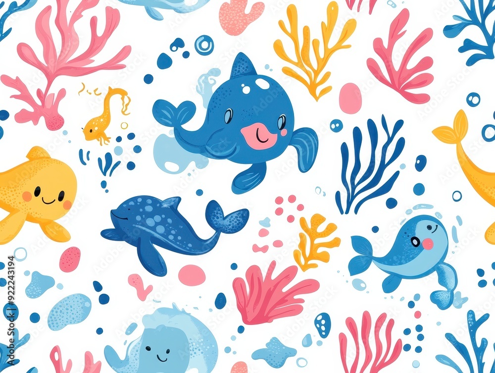 Obraz premium seamless pattern, Kawaii underwater kingdom with smiling sea creatures like dolphins