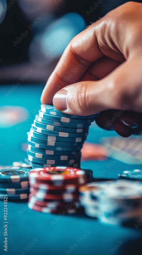 Croupier picking up stack of blue poker chips on casino table Croupier picking up stack of blue poker chips on casino table