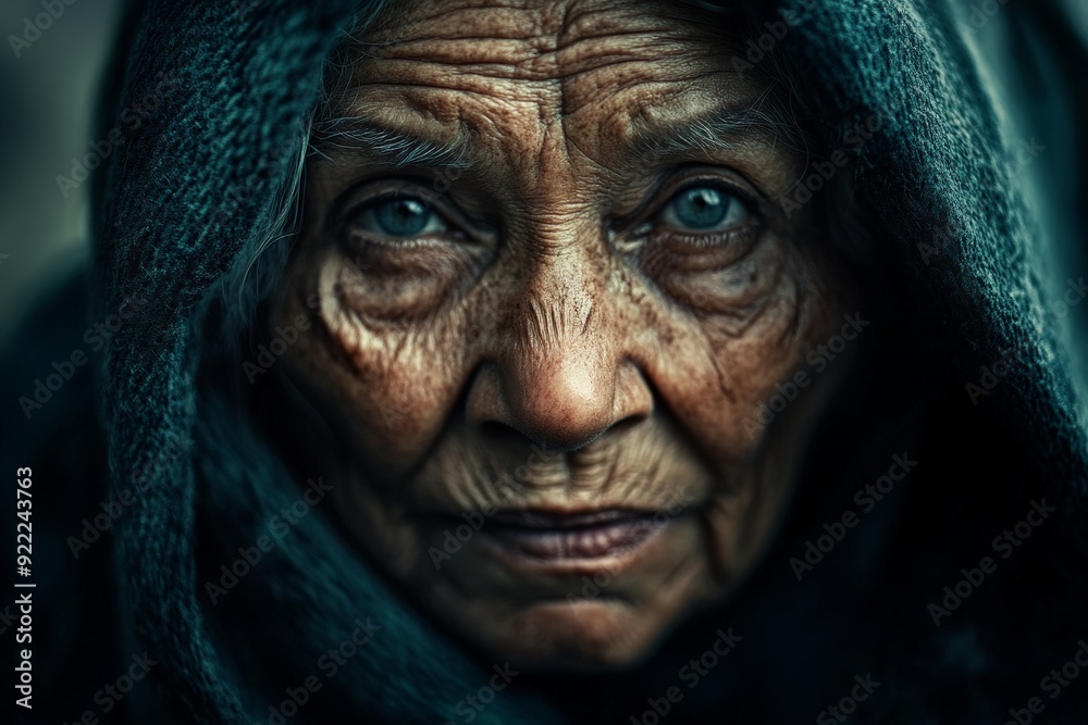 An old woman, with soft yet wise eyes, under a dark hood, appears to be pondering deeply. Her weathered face and intense expression reveal a life well-lived. An old woman, with soft yet wise eyes, under a dark hood, appears to be pondering deeply. Her weathered face and intense expression reveal a life well-lived.