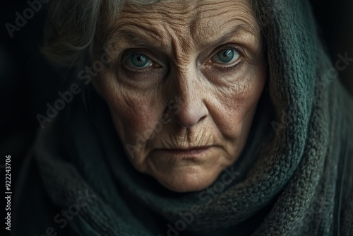 An elderly woman with bright eyes wrapped in a heavy scarf, looking straight ahead. Her gaze and facial lines suggest a life full of stories and strength. photo