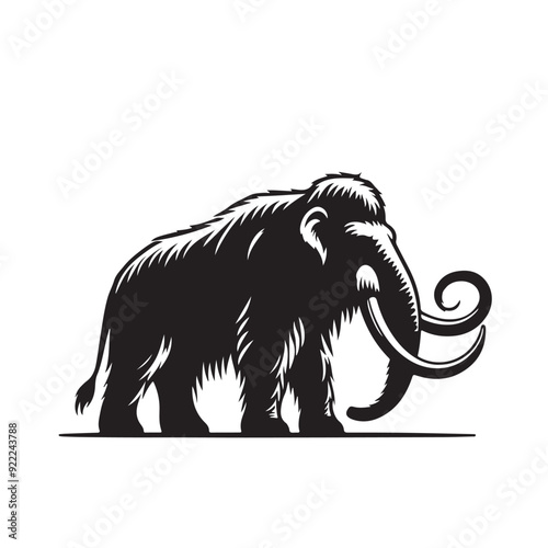 A striking black and white illustration of a majestic mammoth, its tusks curved majestically, evokes a sense of ancient power and grandeur.  