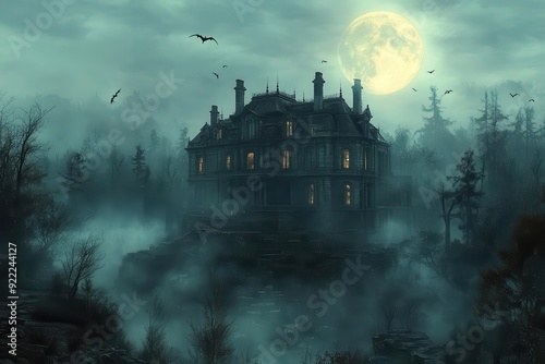 eerie victorian mansion perched atop a misty hill illuminated by an ominous full moon with twisted trees and circling bats