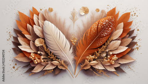 An artistic arrangement of autumn leaves and feathers in earthy tones, set against a white background. Represents nature and fall season concepts.