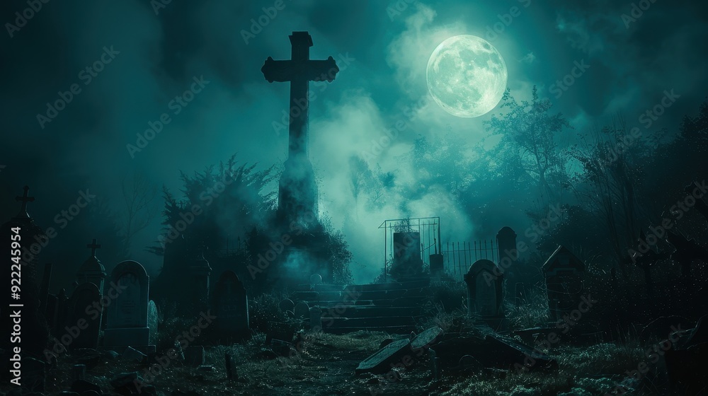 A Creepy Graveyard Under a Full Moon at Night A Creepy Graveyard Under a Full Moon at Night