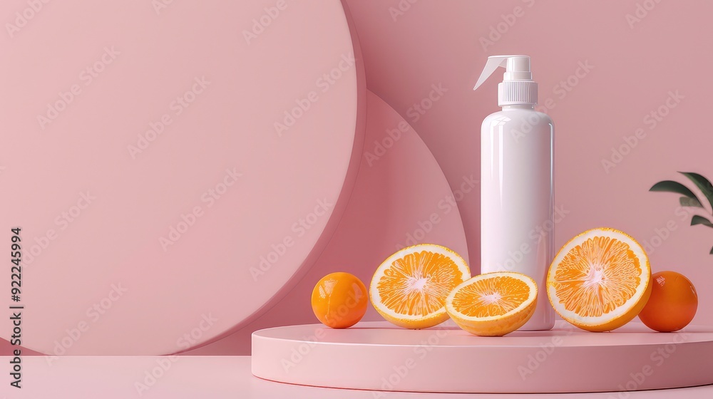 A white bottle with a spray nozzle stands on a pink platform surrounded by sliced oranges and a whole orange, all against a pink background. A white bottle with a spray nozzle stands on a pink platform surrounded by sliced oranges and a whole orange, all against a pink background.