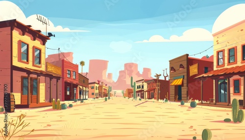Vibrant wild west town square.  Classic village settlement in the desert. Cartoon game illustration background.