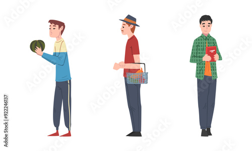 People shopping for groceries in supermarket set cartoon vector illustration