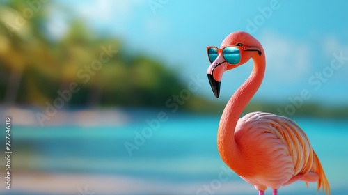 A vibrant flamingo wearing stylish sunglasses at a sunny beach, capturing a fun and tropical atmosphere.