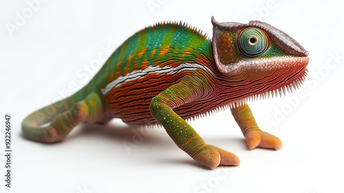 Colorful chameleon figure with vibrant details, showcasing its unique texture and characteristic features against a white background. photo