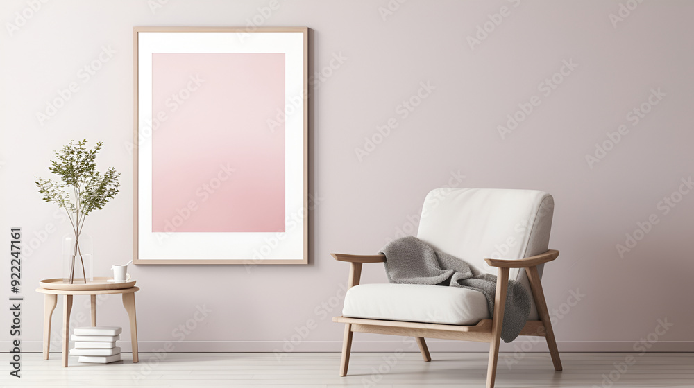 Fototapeta premium a pink chair is placed against a backdrop of a floral pattern and a soft pink rug on the floor ,. the soft pastel skies add a touch of tranquility to the overall composition